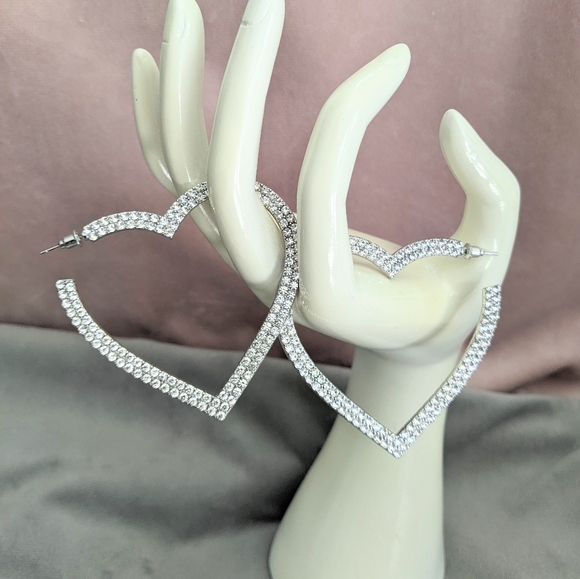 Earrings Hoop Earrings Big Hearts Shiny Crystal Rhinestone Silver Tone - Picture 5 of 12